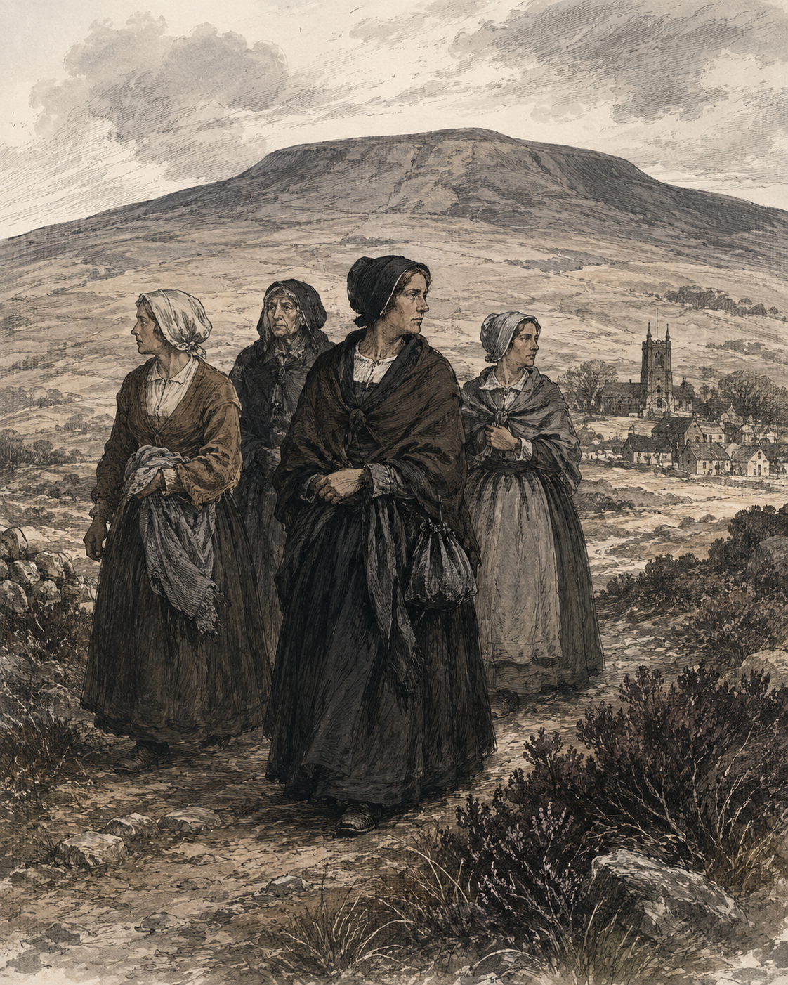 Illustration of women associated with the Pendle witch story beneath Pendle Hill