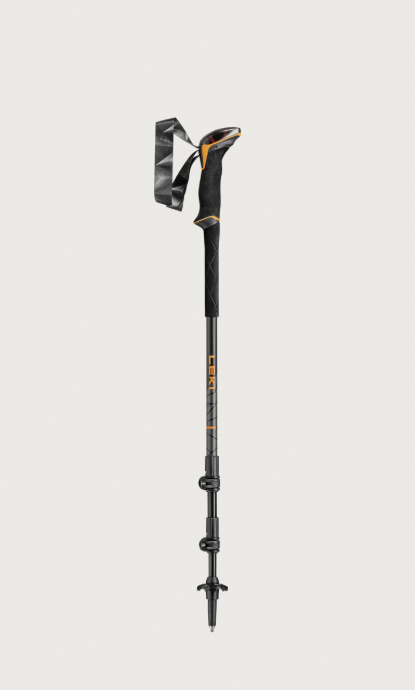 Adjustable black trekking pole with a padded grip and wrist strap