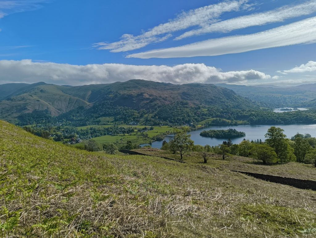 scenic hiking trail overlooking mountains and lake in the Lake District