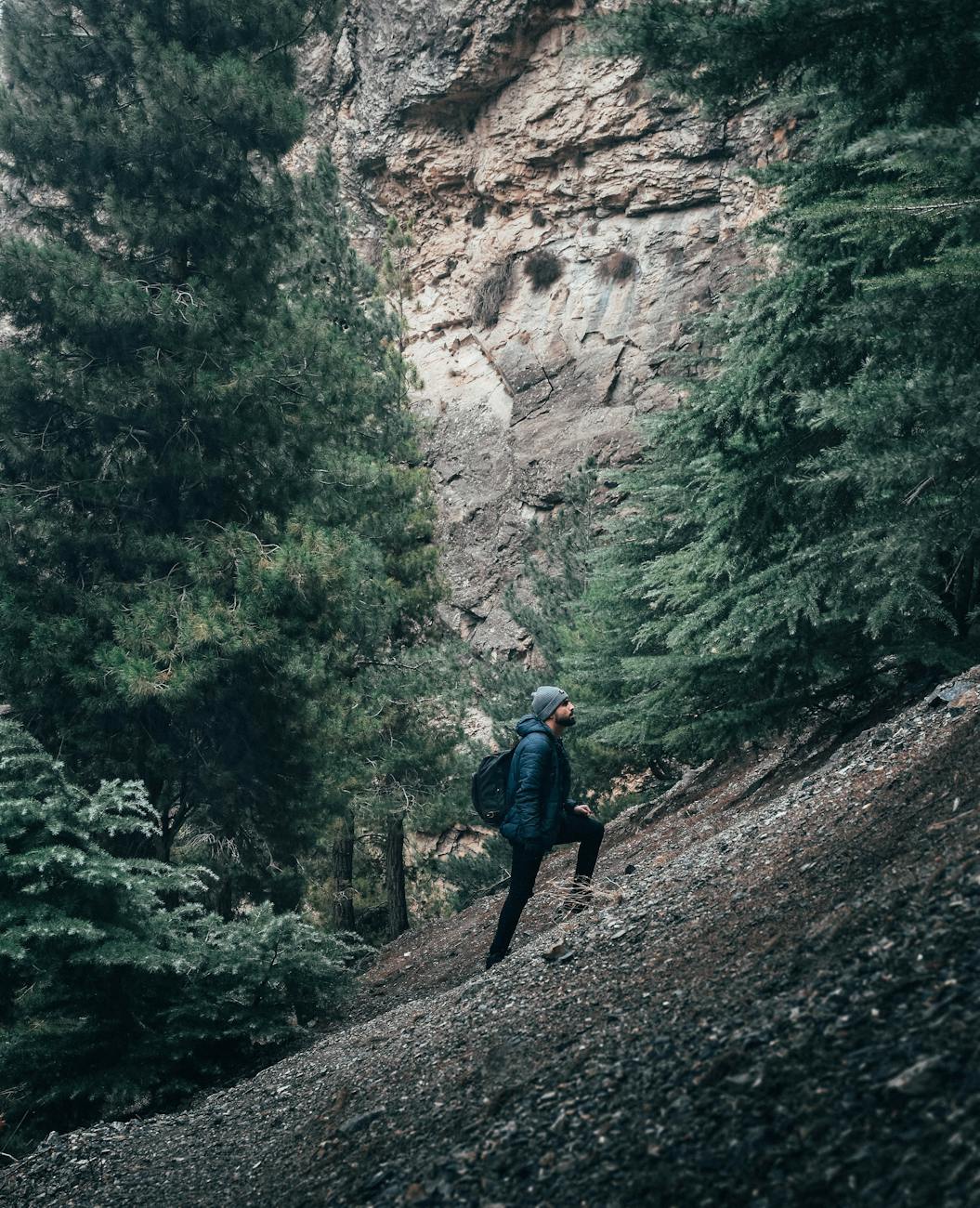Hiker walking steadily along a countryside trail in the UK