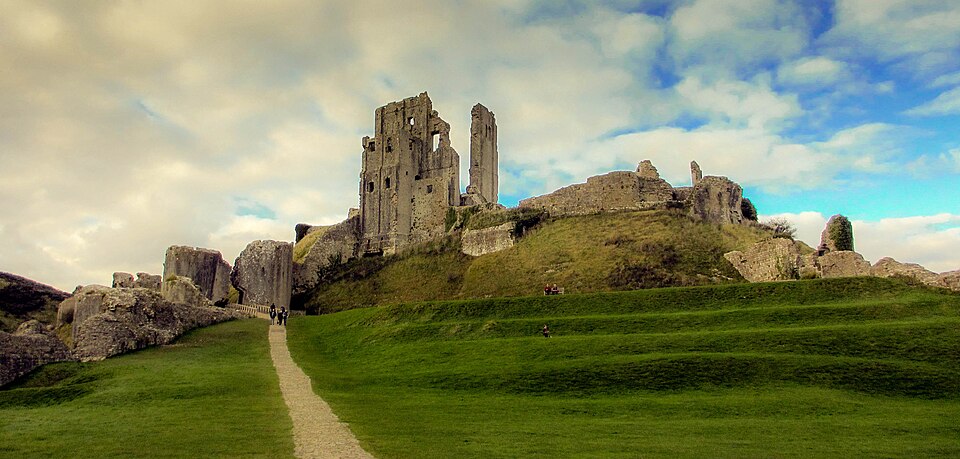 Ruins of Corfe Castle in the Dorset countryside