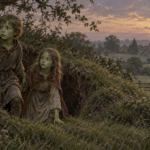 The Green Children of Woolpit emerging from an earthen hollow in the medieval Suffolk countryside